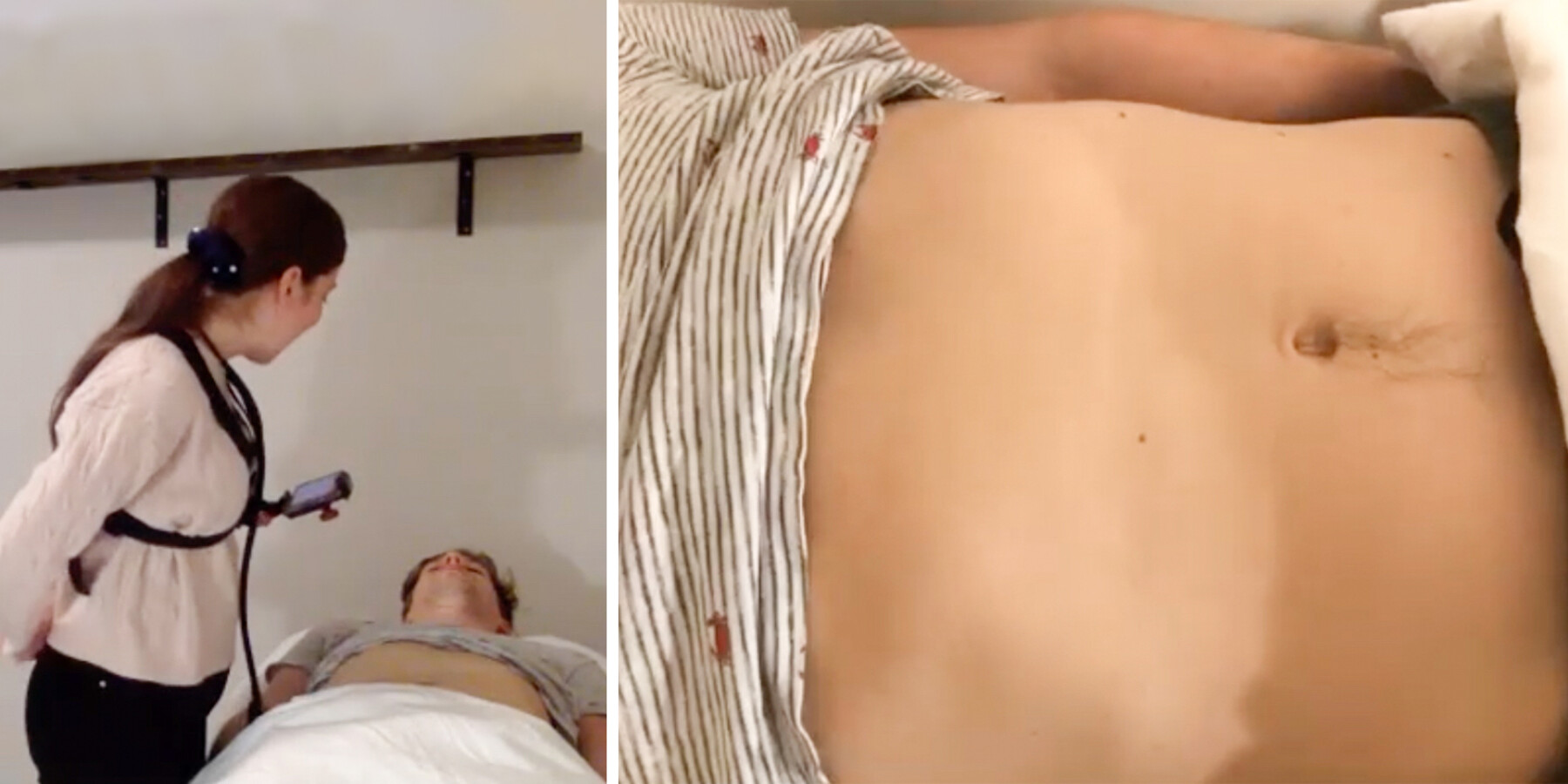 Left: A person wears a smartphone mounted on their chest to examine a patient; Right: a view from the smartphone camera.  