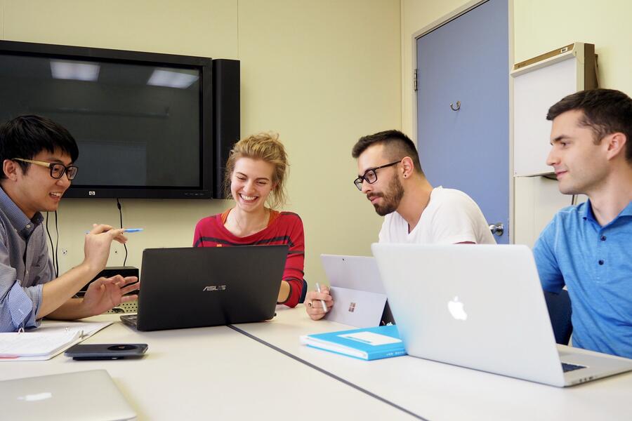 2T0 students taking part in case-based learning (from left to right): Donald Wang, Alexandra Majerski, Anthony Giuliano and Ryan Mason.