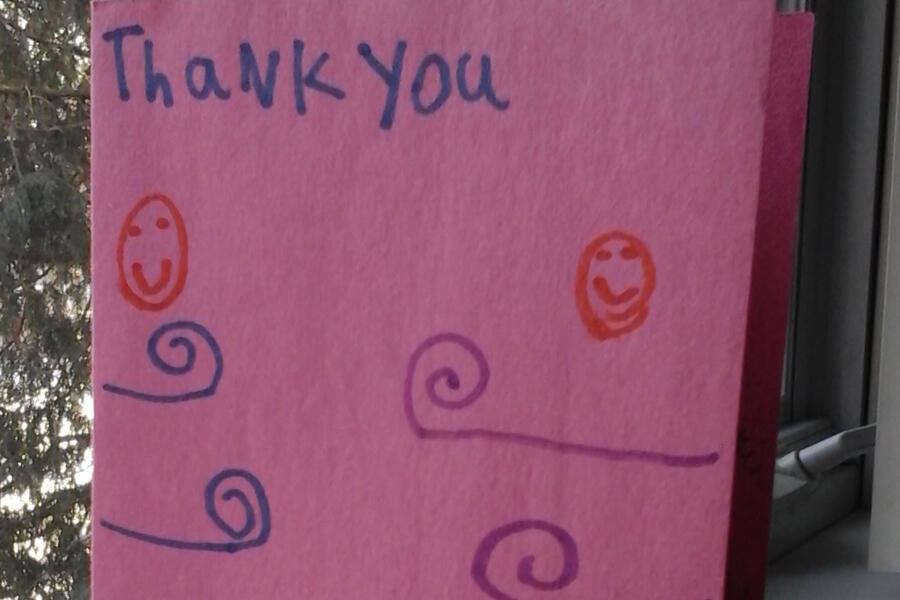 Thank-you card for medical students who visited a Grade 1/2 split class and taught children about healthy eating.