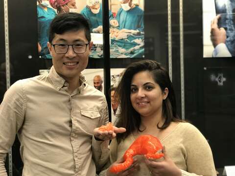 Students Tim Rappon and Nida Shahid hold models of a paediatric heart and a stomach, respectively, in front of their exhibition at the John P. Robarts Research Library. The models were created by MD/PhD candidate Amy Khan.