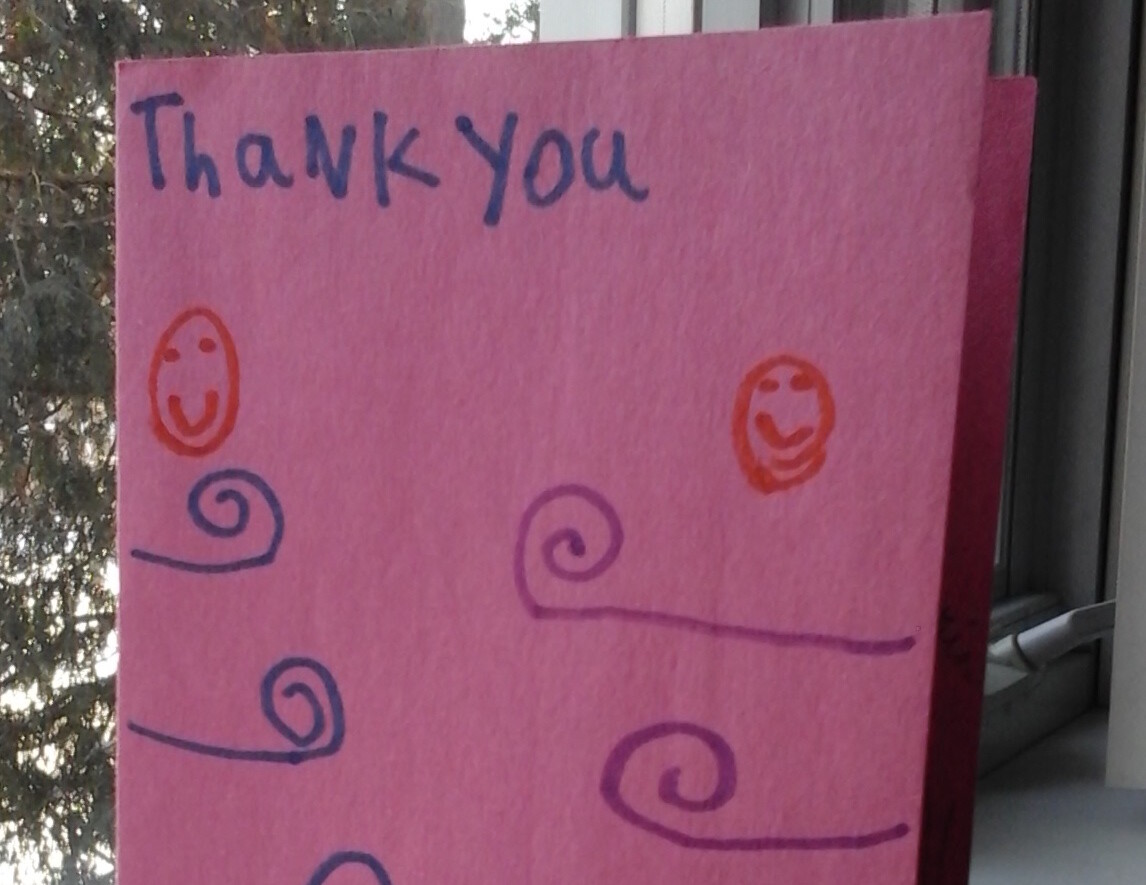 Thank-you card for medical students who visited a Grade 1/2 split class and taught children about healthy eating.