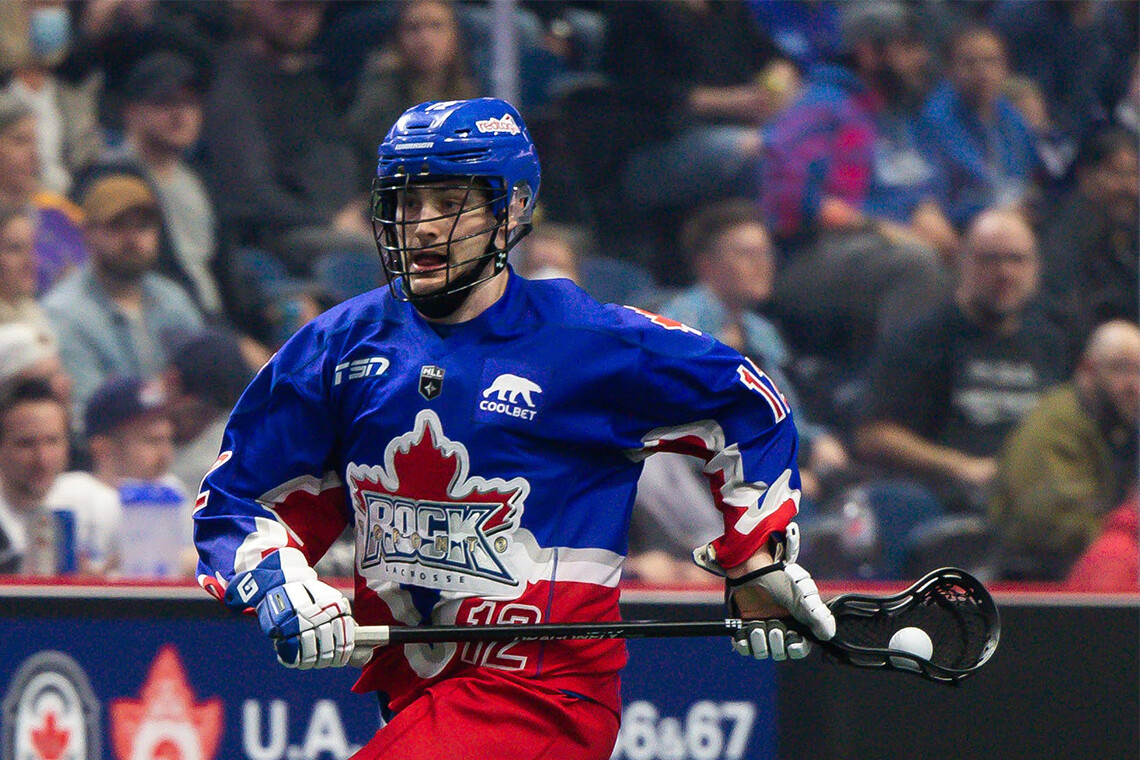 MD/PhD student and Toronto Rock lacrosse player Mitch De Snoo is seen in uniform during a game.